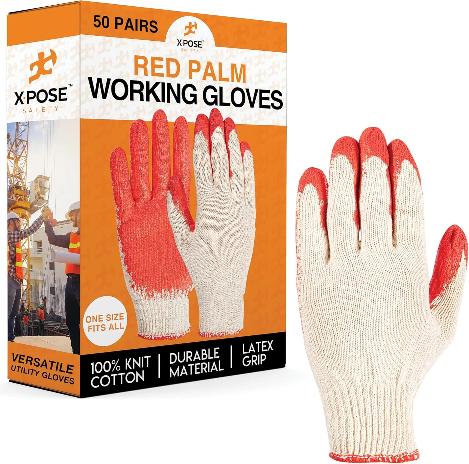 دستکش کار نخی روکش دار Xpose Safety با کف دست قرمز رنگ - 50 جفت دستکش با روکش لاتکس و لاستیک با قابلیت چسبندگی - دستکش های بادوام برای ساخت و ساز، برق کار - مردانه