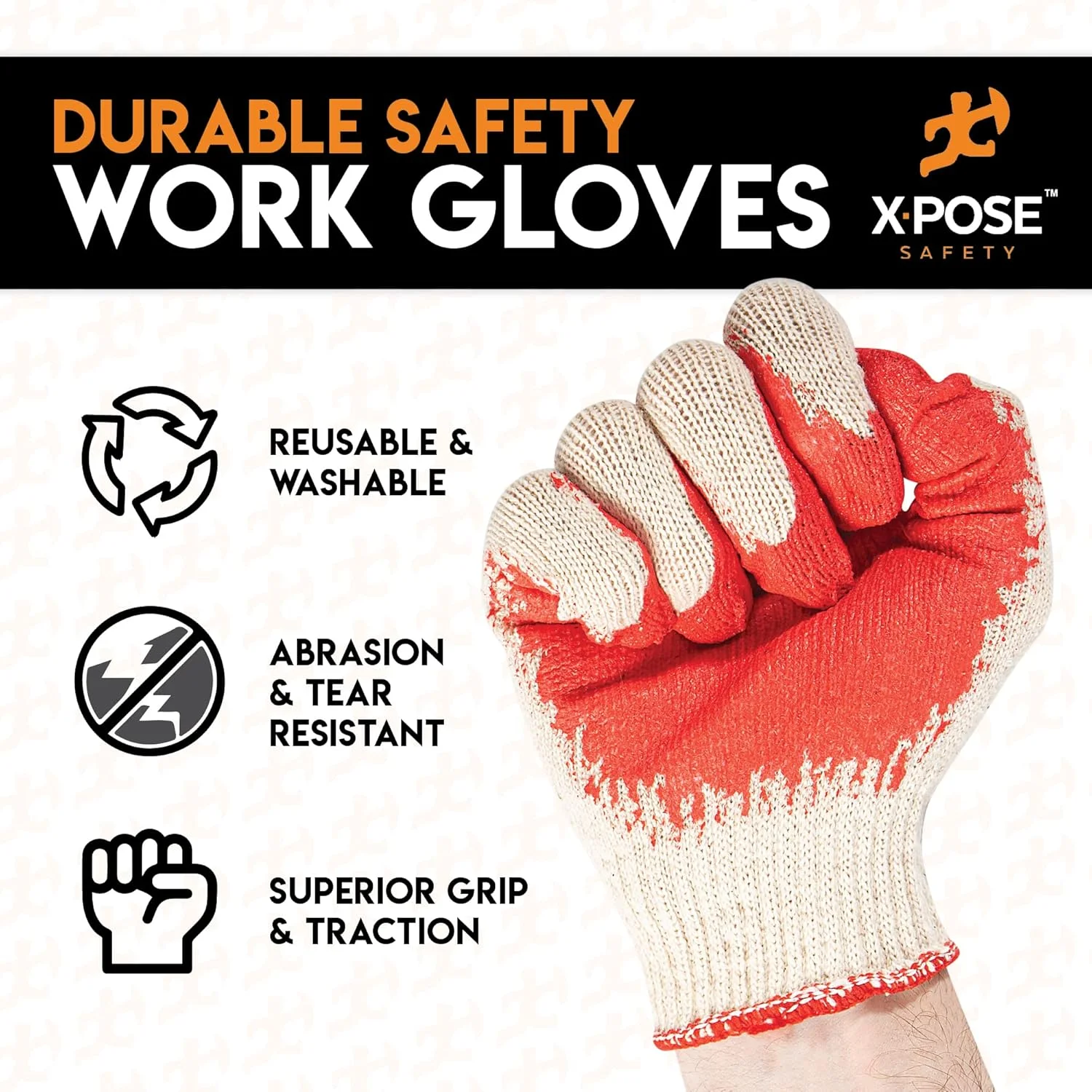 دستکش کار نخی روکش دار Xpose Safety با کف دست قرمز رنگ - 50 جفت دستکش با روکش لاتکس و لاستیک با قابلیت چسبندگی - دستکش های بادوام برای ساخت و ساز، برق کار - مردانه
