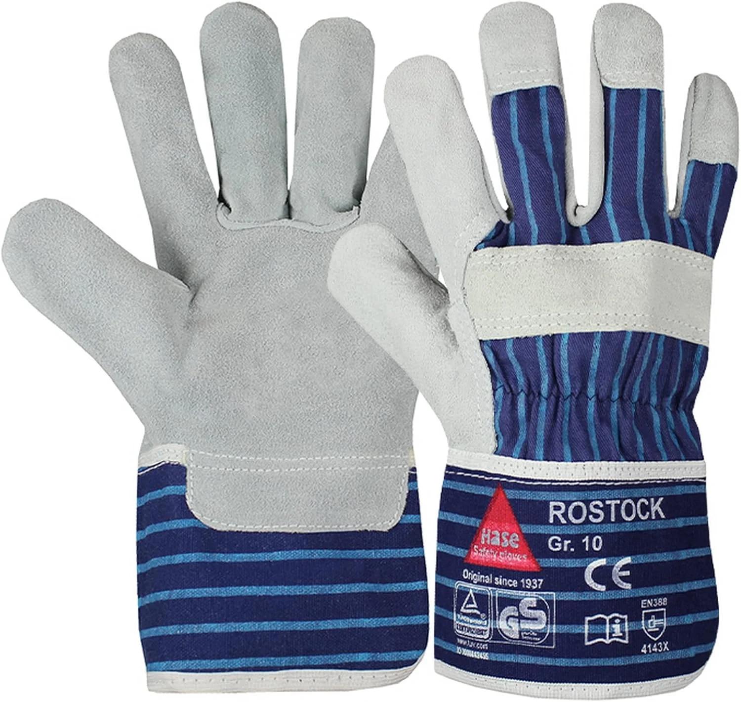 دستکش ایمنی خرگوش مدل Rostock 4143X، دستکش کار خرگوش، چرم مغز گاو تست شده توسط TÜV-GS، سایز 10، خاکستری/آبی