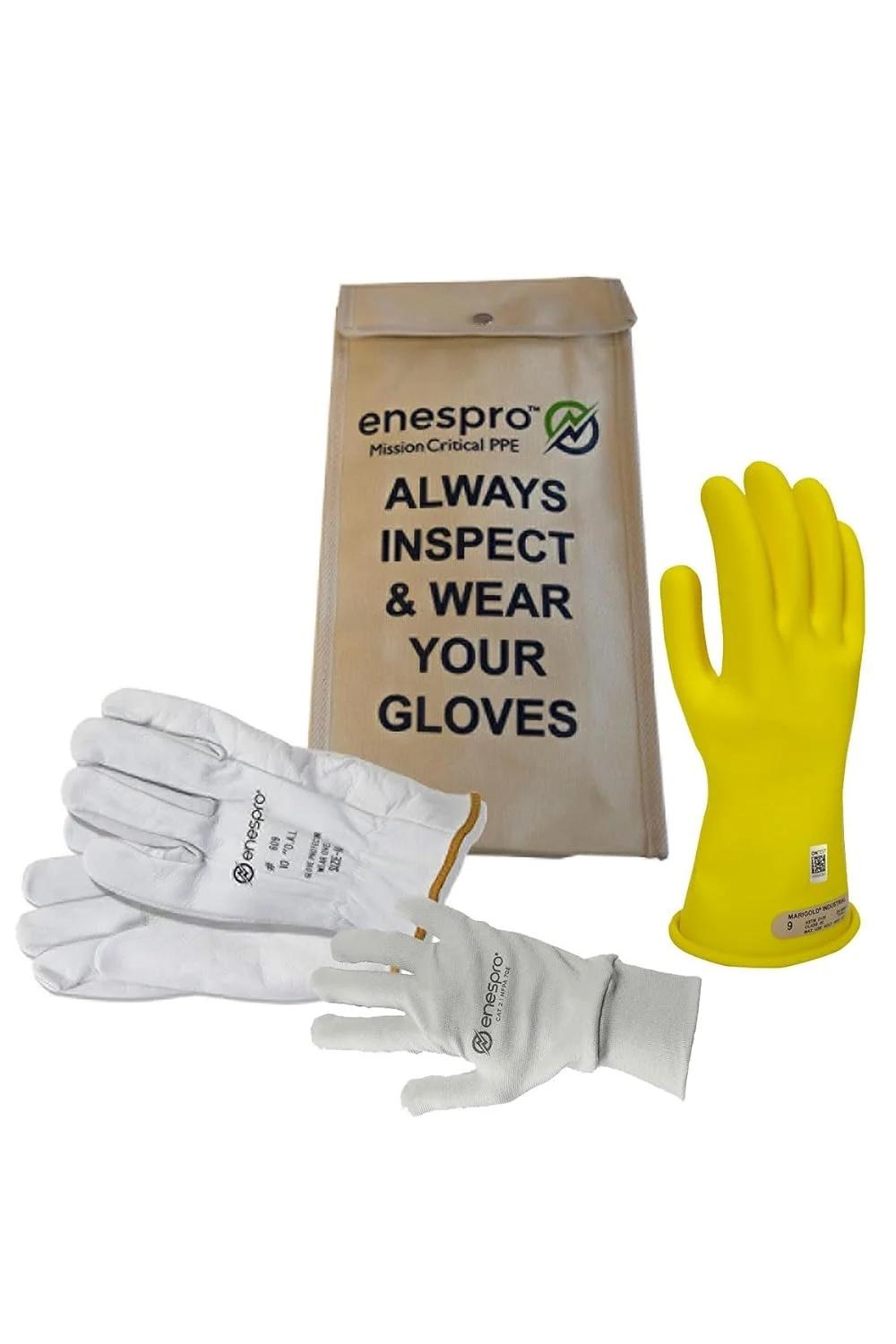 کیت دستکش عایق ولتاژ لاستیکی کلاس 00 زرد رنگ National Safety Apparel با دستکش بافتنی FR و محافظ های چرمی، حداکثر ولتاژ استفاده 500 ولت AC / 750 ولت DC (KITGC0010YAG)