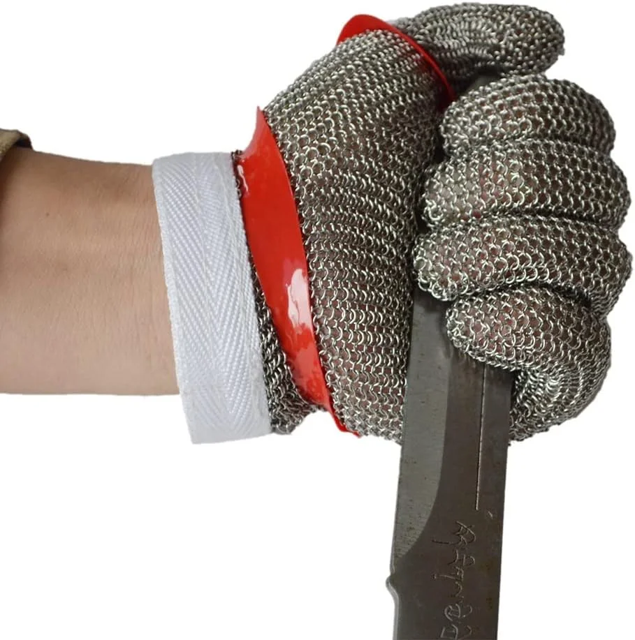 دستکش ضد برش، دستکش ایمنی آشپزی با بند نایلونی قابل تنظیم مچ دست، دستکش زنجیری استیل ضد زنگ مناسب مواد غذایی (سایز: 1 عدد/M)