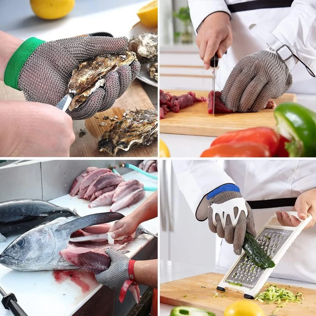 دستکش ضد برش، دستکش ایمنی آشپزی با بند نایلونی قابل تنظیم مچ دست، دستکش زنجیری استیل ضد زنگ مناسب مواد غذایی (سایز: 1 عدد/M)