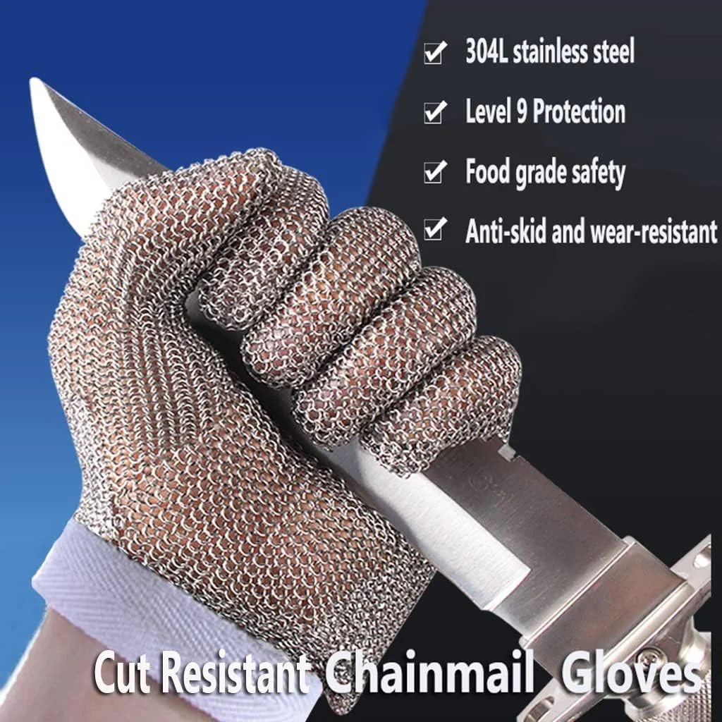 دستکش ضد برش، دستکش ایمنی آشپزی با بند نایلونی قابل تنظیم مچ دست، دستکش زنجیری استیل ضد زنگ مناسب مواد غذایی (سایز: 1 عدد/M)
