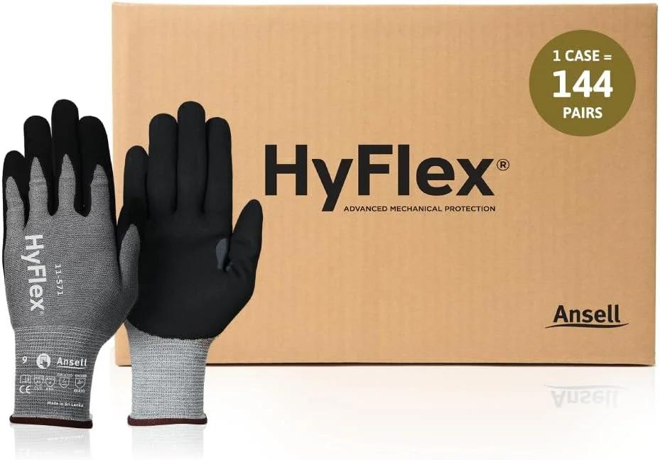 دستکش ایمنی فوق سبک صنعتی Ansell HyFlex 11-571 برای خودرو، ماشین آلات، تجهیزات، ساخت فلزات، هوافضا، سایز 10، خاکستری (بسته 144 عددی)