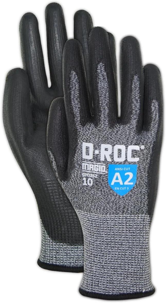 دستکش کار ایمنی Magid Glove & Safety GPD252-9 D-ROC با روکش پلی یورتان ترکیبی HPPE، سطح برش A2 - سایز 9 (144 جفت)، خاکستری، 9/L