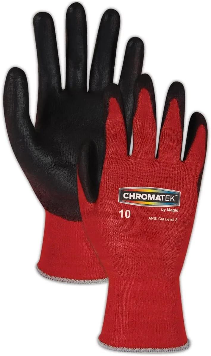 دستکش ایمنی Magid Glove & Safety CT500 ChromaTek با روکش پلی یورتان در کف دست، مچ بافتنی، مناسب کار، سایز 11، مشکی/قرمز (24 جفت)، CT500RD11-24