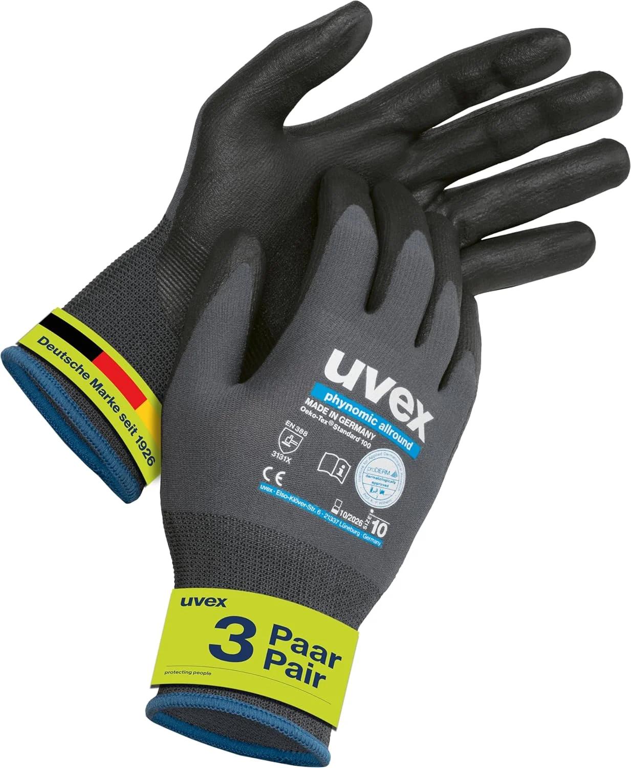 دستکش کار Uvex phynomic Allround، 3 جفت - دستکش کار برای مناطق خشک و کمی مرطوب - سبک و مقاوم در برابر سایش - خاکستری، مشکی