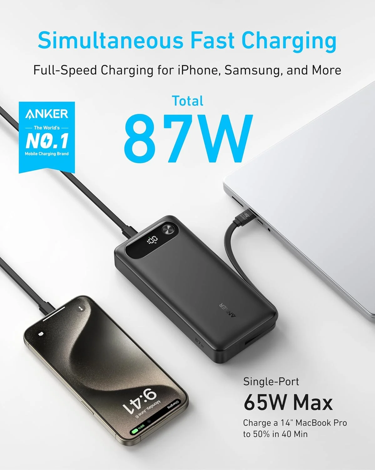 پاور بانک انکر، شارژر قابل حمل 20000 میلی آمپر ساعت با کابل USB-C داخلی، بسته باتری شارژ سریع 87 واتی حداکثر برای لپ تاپ، 2 پورت USB-C و 1 پورت USB-A، برای مک بوک، سری آیفون 16/15، سامسونگ، سوییچ و غیره پاور بانک انکر، شارژر قابل حمل 20000 میلی آمپر ساعت با کابل USB-C داخلی، بسته باتری شارژ سریع 87 واتی حداکثر برای لپ تاپ، 2 پورت USB-C و 1 پورت USB-A، برای مک بوک، سری آیفون 16/15، سامسونگ، سوییچ و غیره