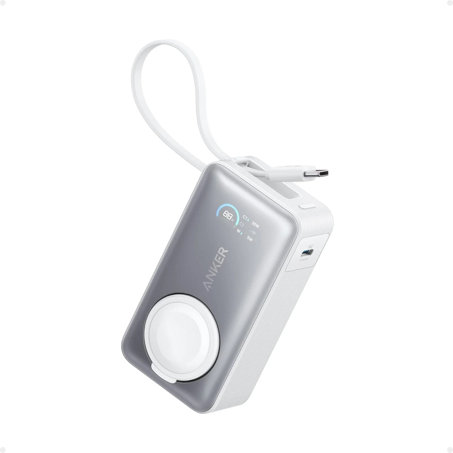 پاور بانک Anker MagGo، شارژر قابل حمل فشرده 10000 میلی آمپر ساعتی دارای گواهی رسمی با کابل USB-C داخلی، بسته باتری حداکثر 35 واتی، برای سری iPhone 17/16، iPad، AirPods و موارد دیگر