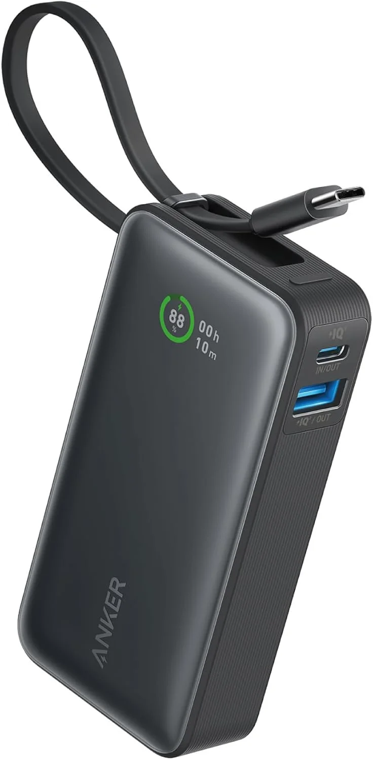 پاور بانک نانو انکر، شارژر قابل حمل 10000 میلی آمپر ساعتی با کابل USB-C داخلی، حداکثر خروجی 30 وات، برای سری آیفون 17/16، مک بوک، ایرپادز و غیره