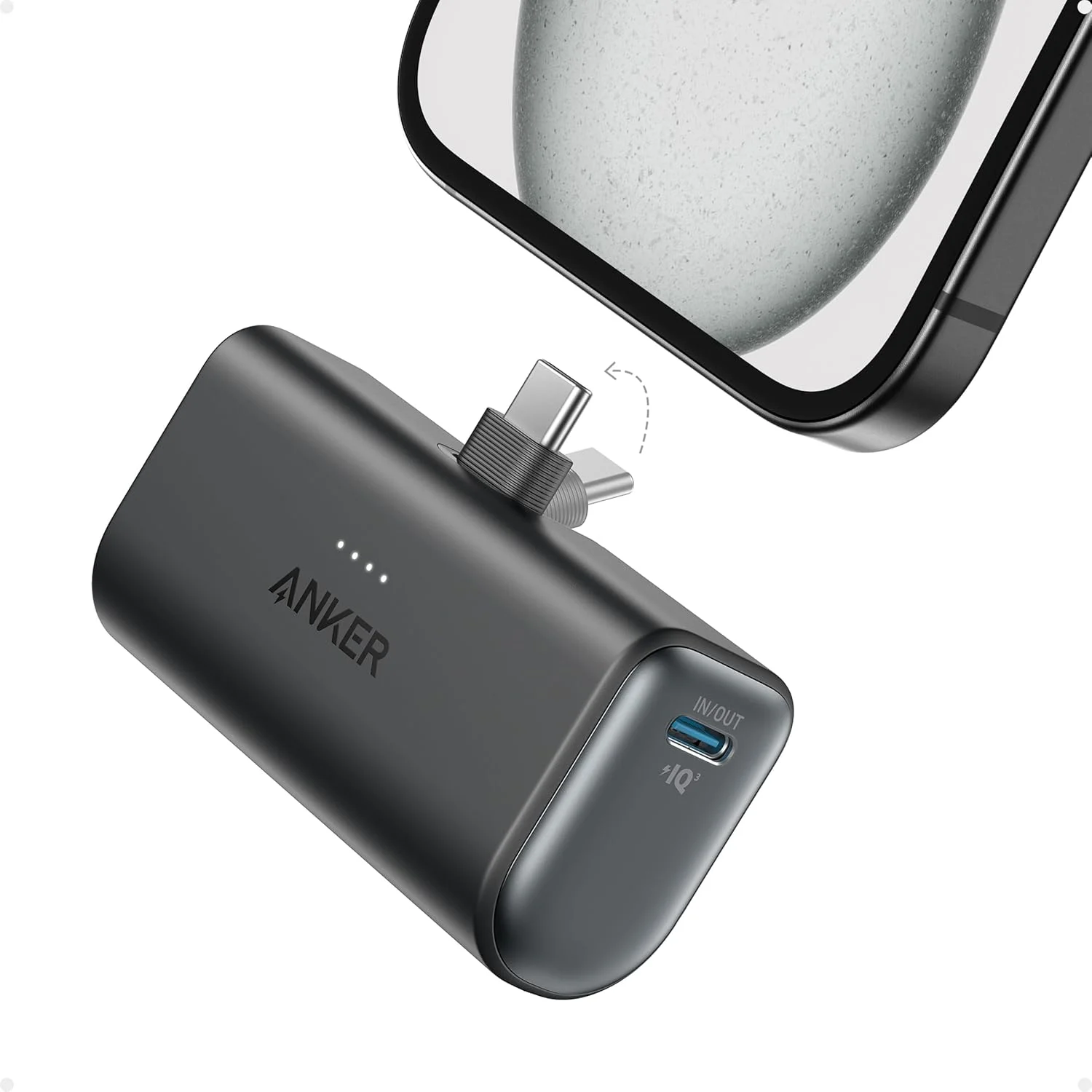 پاور بانک نانو انکر، شارژر قابل حمل کوچک با کانکتور USB-C تاشو داخلی، بسته باتری 5000 میلی آمپر ساعت 22.5 وات، برای سری آیفون 16/15، سامسونگ، هواوی، آیپد، ایرپادز، شیائومی، ویوو، اوپو و غیره