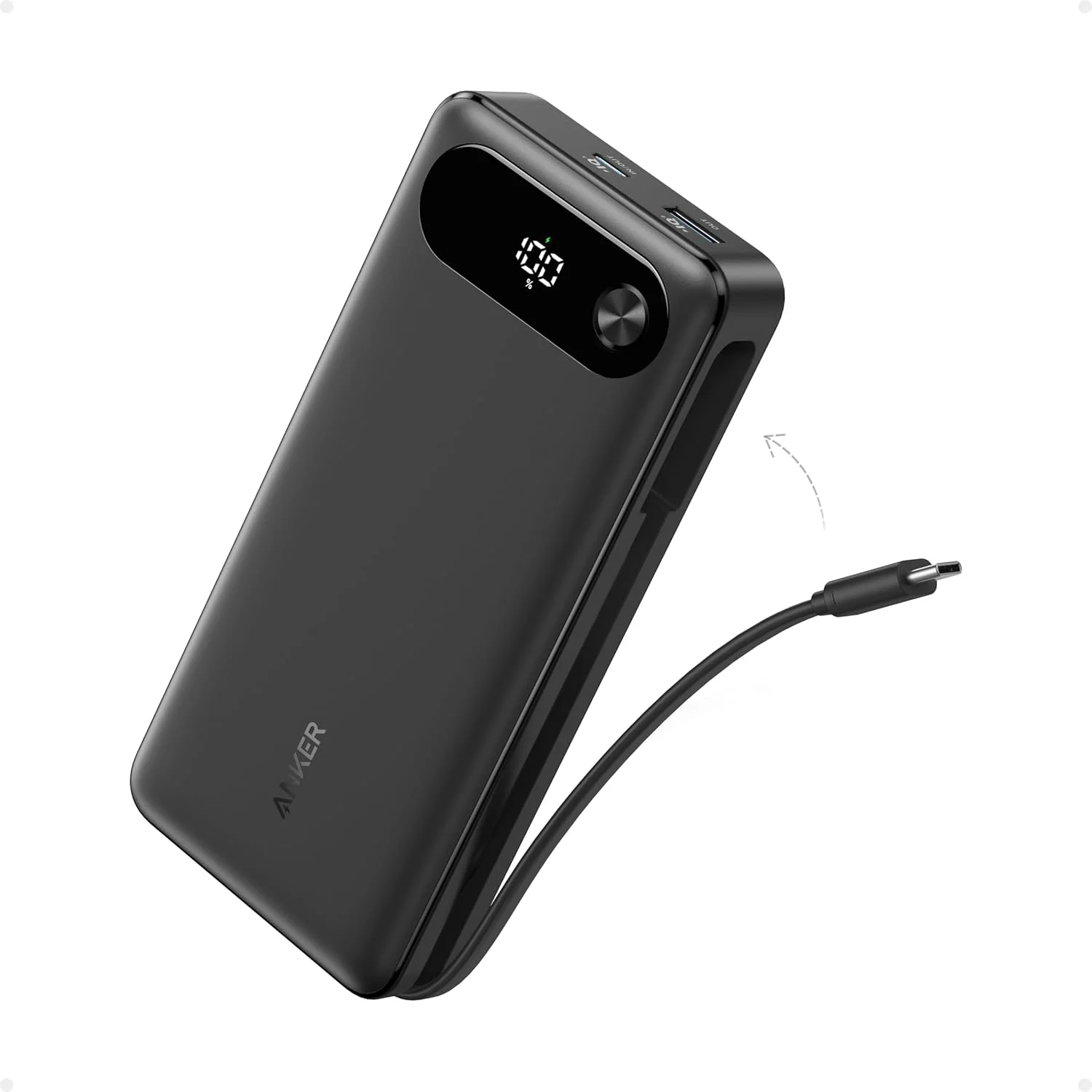 پاور بانک انکر، شارژر قابل حمل 20000 میلی آمپر ساعتی با کابل USB-C داخلی، بسته باتری شارژ سریع 87 واتی حداکثر، برای مک بوک، سری آیفون 17/16، سامسونگ، سوییچ و غیره