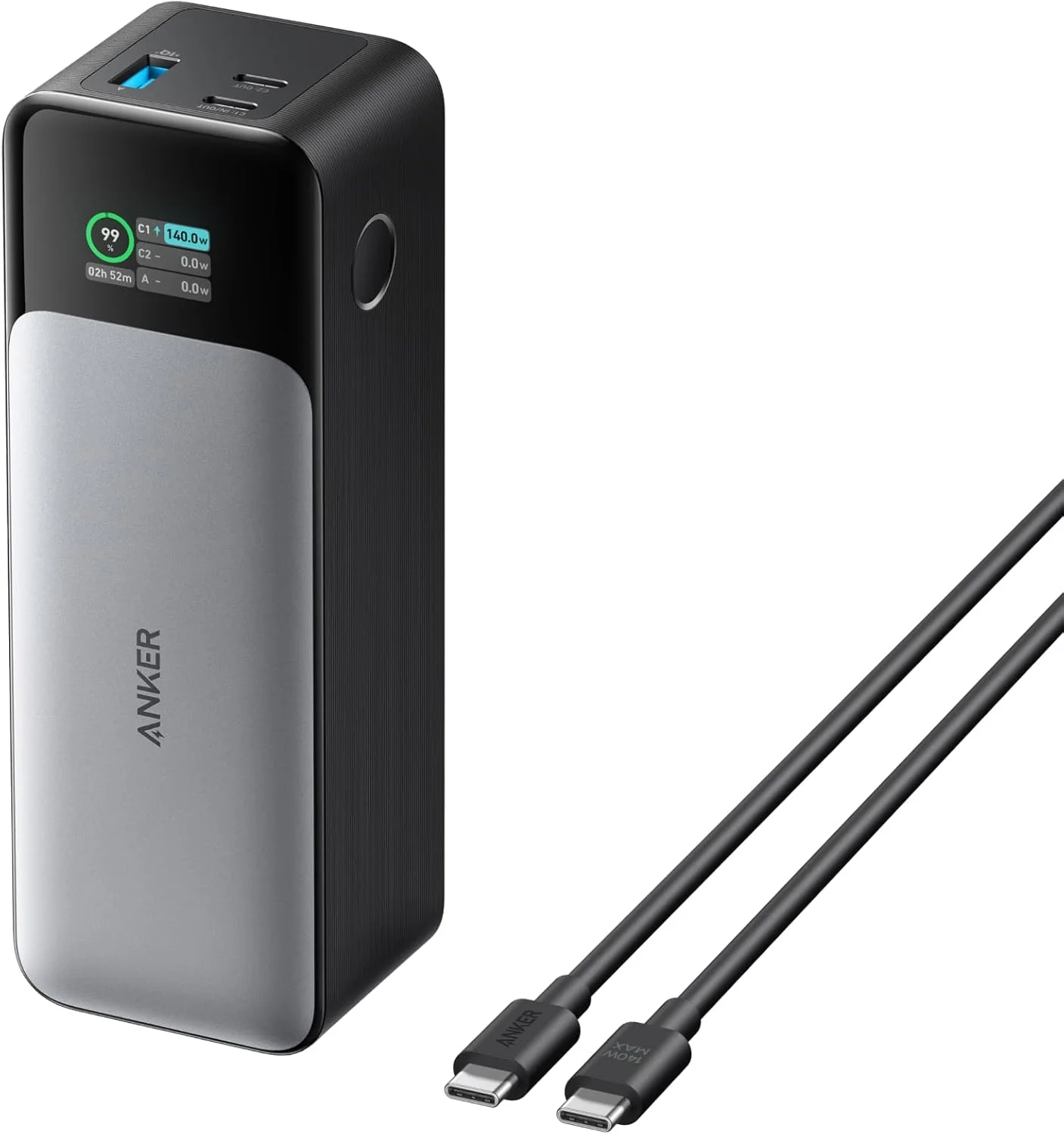پاور بانک انکر 737 (PowerCore 24K)، شارژر قابل حمل 3 پورت 24000 میلی آمپر ساعتی با خروجی 140 وات، نمایشگر دیجیتال هوشمند، سازگار با MacBook Pro/Air، سری iPhone 17/16، Samsung، Huaiwei، Dell