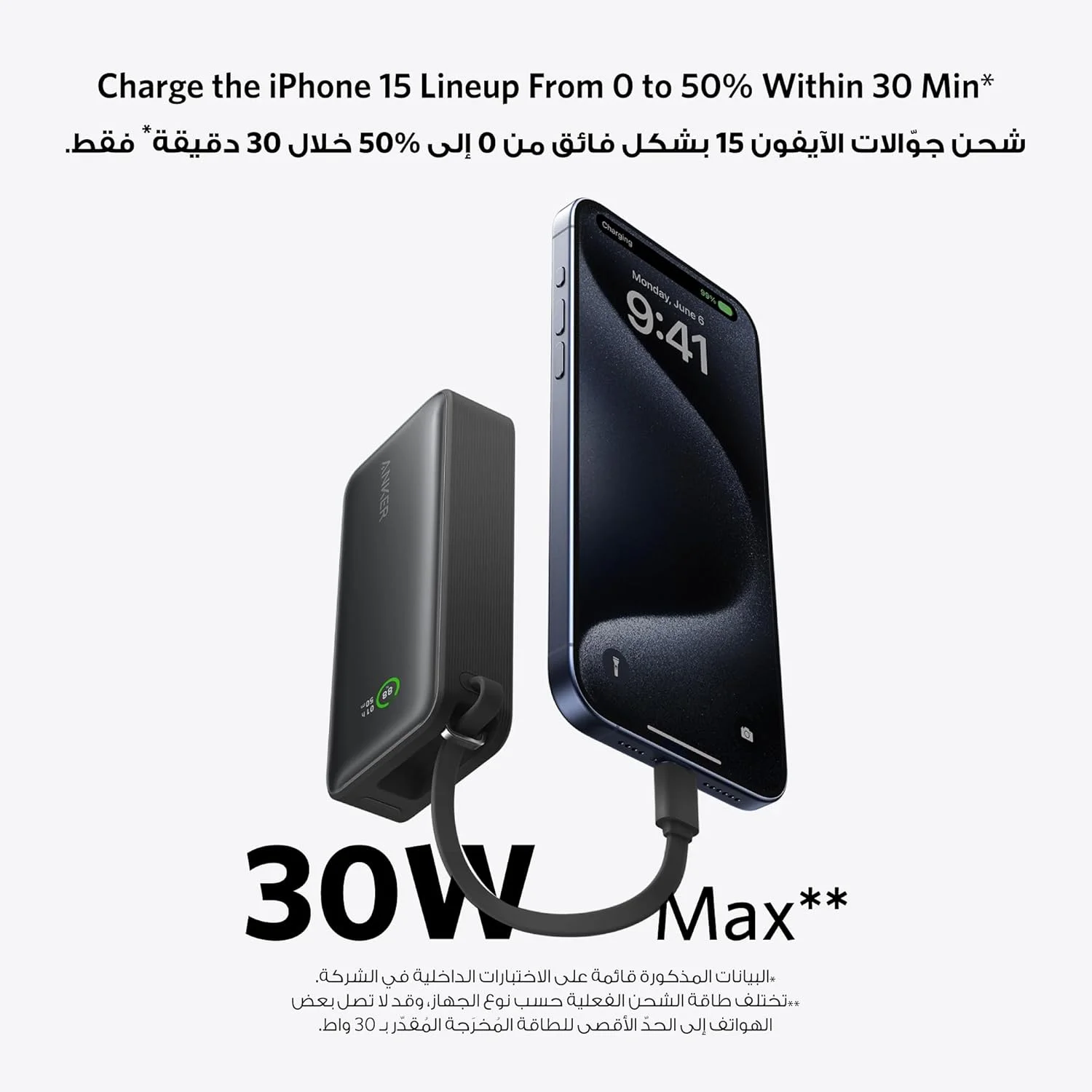 پاور بانک نانو انکر، شارژر قابل حمل 10000 میلی آمپر ساعتی با کابل USB-C داخلی، حداکثر خروجی 30 وات، برای سری آیفون 17/16، مک بوک، ایرپادز و غیره