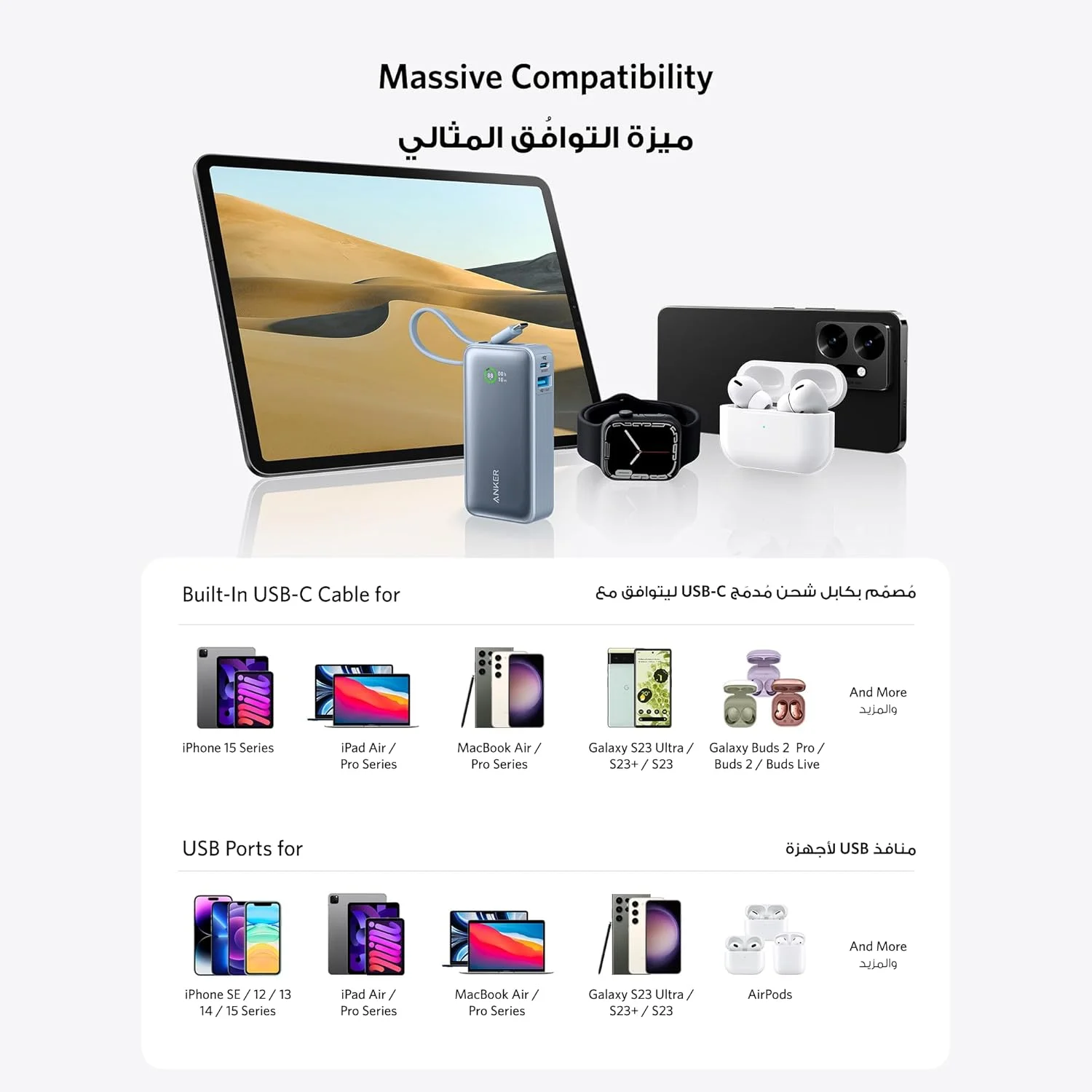 پاور بانک نانو انکر، شارژر قابل حمل 10000 میلی آمپر ساعتی با کابل USB-C داخلی، حداکثر خروجی 30 وات، برای سری آیفون 17/16، مک بوک، ایرپادز و غیره