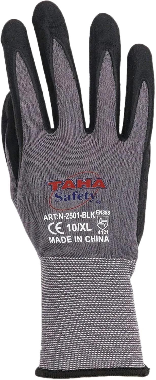 دستکش ایمنی میکروفوم TAHA SAFETY N2501 - چسبندگی بالا برای مصارف صنعتی، سبک وزن، انعطاف پذیر، ایده آل برای محافظت عمومی از دست، بسته 2 جفتی