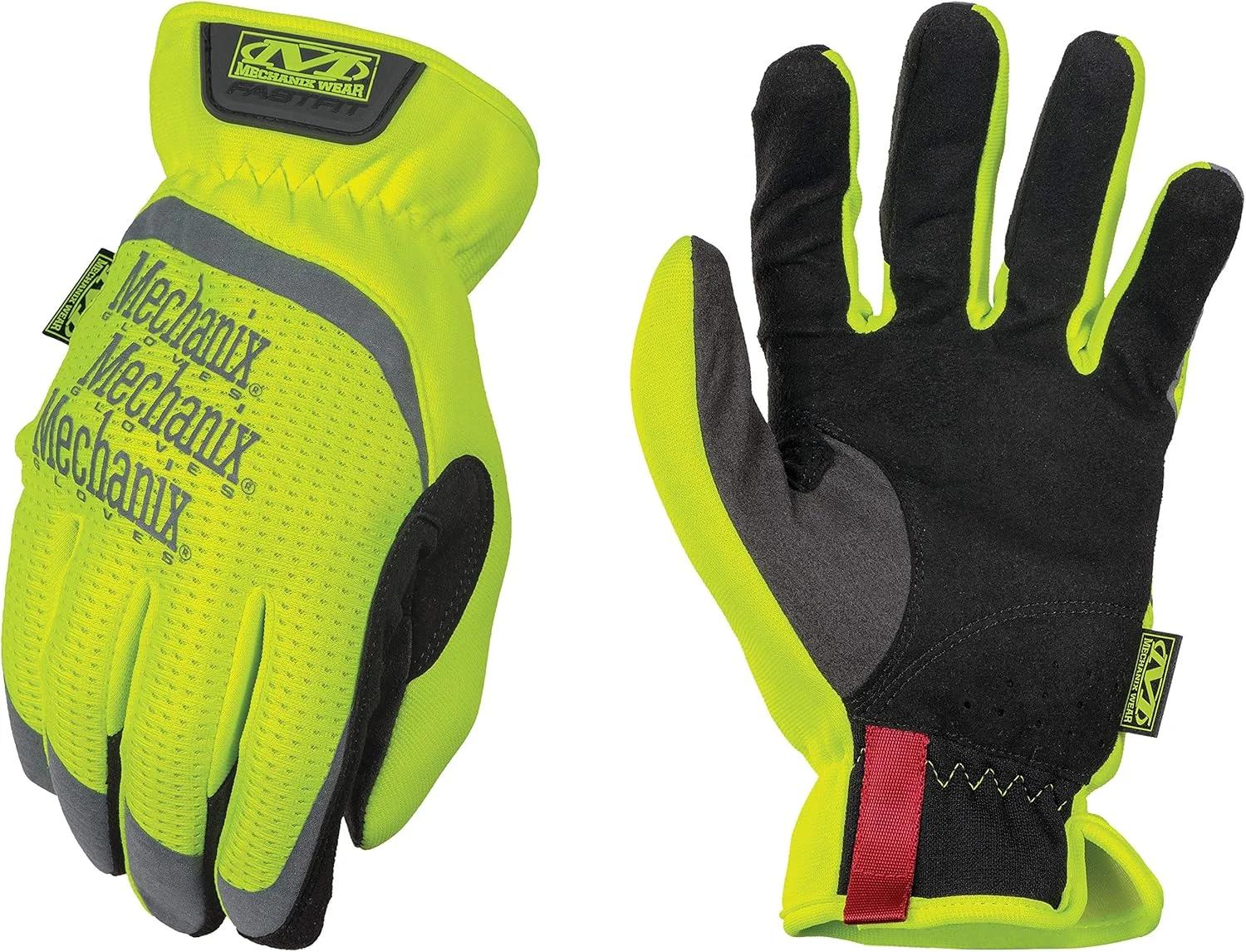 دستکش کار مکانیکس ویر Hi-Viz FastFit با مچ کشی الاستیک ایمن، بازتابنده و دید بالا، قابلیت استفاده از صفحه لمسی، دستکش ایمنی مردانه، استفاده چند منظوره (زرد فلورسنت، بزرگ)