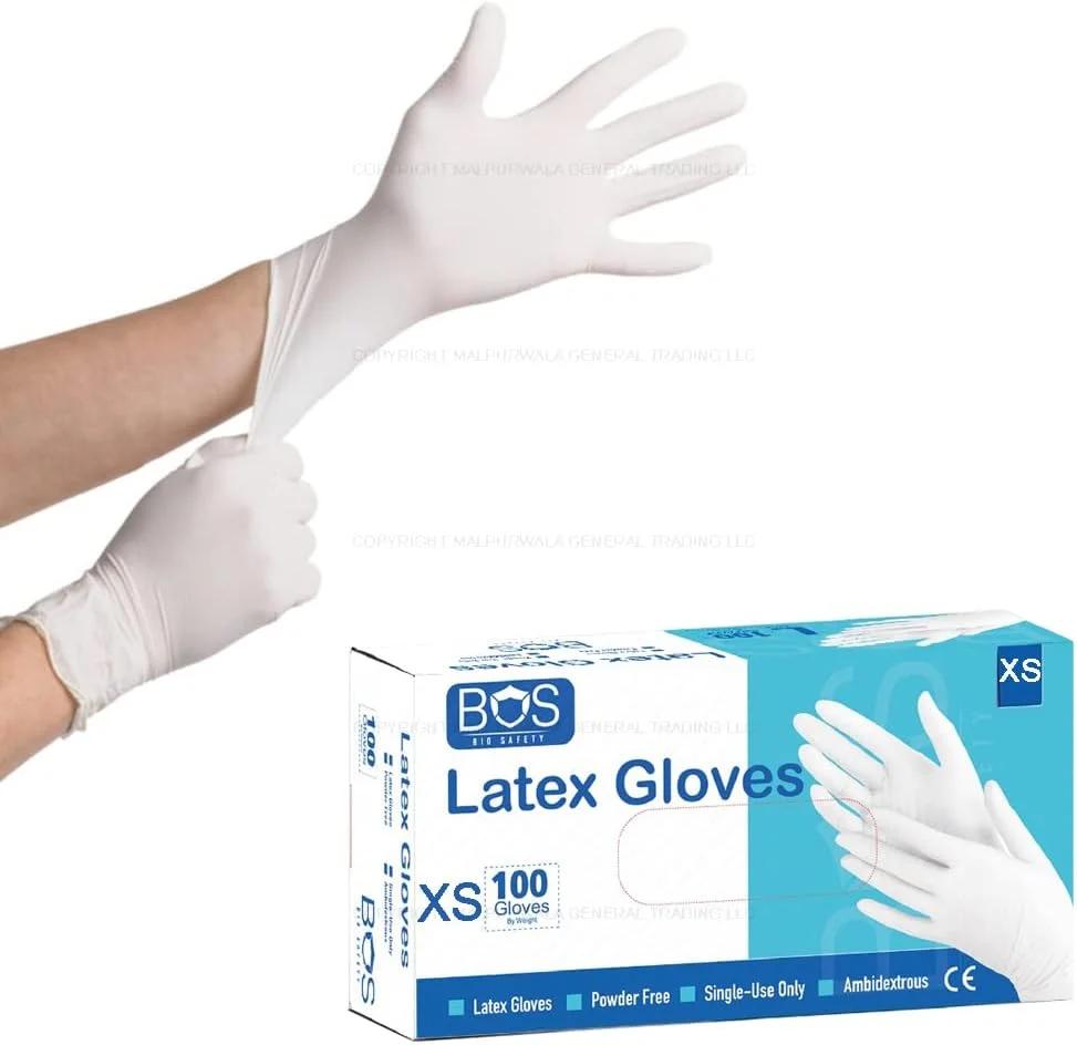 MALPURWALA مالبوروالا Bio Safety (BOS) Latex Gloves Powder Free - Ultra Strong Gloves - Ideal for HealthCare, Home, Cleaning, and Food Preparation purposes - White Color - 100 Pieces (White - X Small)