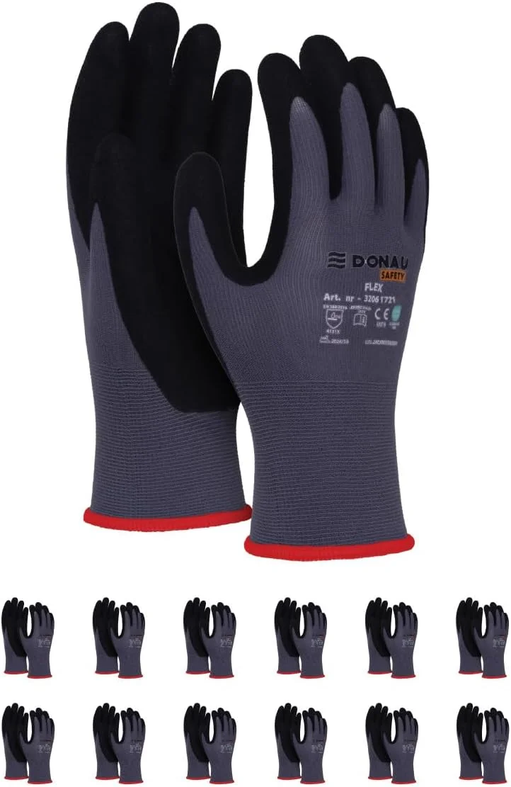 دستکش کار ایمنی DONAU مدل Flex، سایز 08، 12 جفت، خاکستری/مشکی، دستکش مونتاژ مکانیکی، روکش نیتریل، مقاوم در برابر روغن سبک، دستکش محافظ نایلونی برای کار، خودرو، انبار