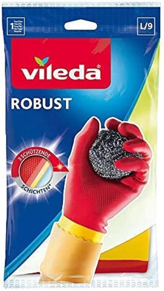 دستکش لاستیکی مقاوم Vileda (محافظ) سایز L، قابل استفاده مجدد، آستر Comfort Plus، لاتکس و نئوپرن، سنگین، سایز بزرگ، قرمز و زرد (1 جفت در هر بسته)
