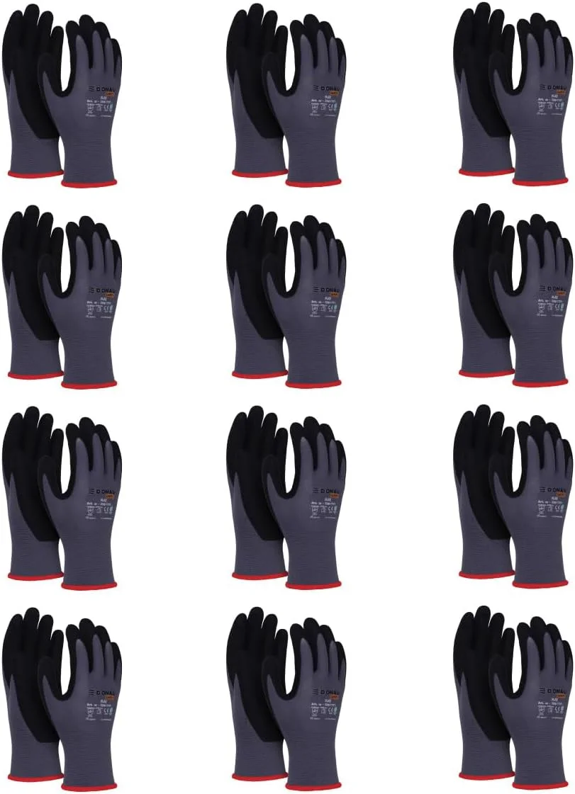 دستکش کار ایمنی DONAU مدل Flex، سایز 08، 12 جفت، خاکستری/مشکی، دستکش مونتاژ مکانیکی، روکش نیتریل، مقاوم در برابر روغن سبک، دستکش محافظ نایلونی برای کار، خودرو، انبار