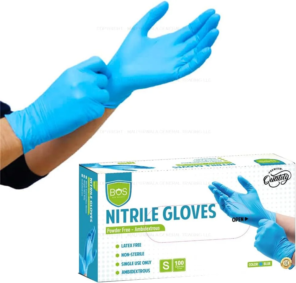 دستکش معاینه نیتریل بایو سیفتی (BOS)، بسته 100 عددی - کیفیت عالی، بدون پودر، مناسب برای هر دو دست، غیر استریل، یکبار مصرف، ایمن برای مواد غذایی، رنگ آبی روشن