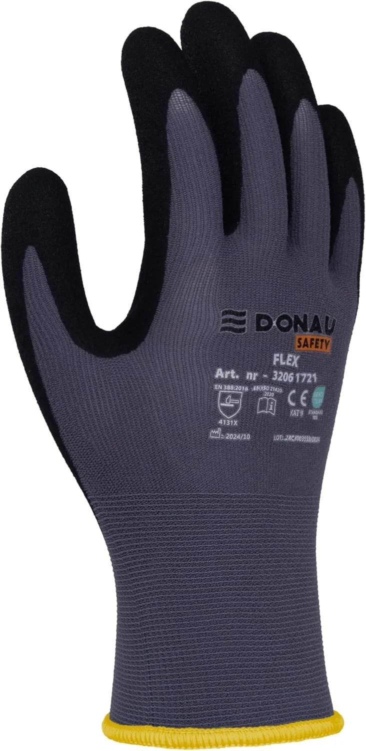 دستکش کار ایمنی DONAU مدل Flex، سایز 08، 12 جفت، خاکستری/مشکی، دستکش مونتاژ مکانیکی، روکش نیتریل، مقاوم در برابر روغن سبک، دستکش محافظ نایلونی برای کار، خودرو، انبار