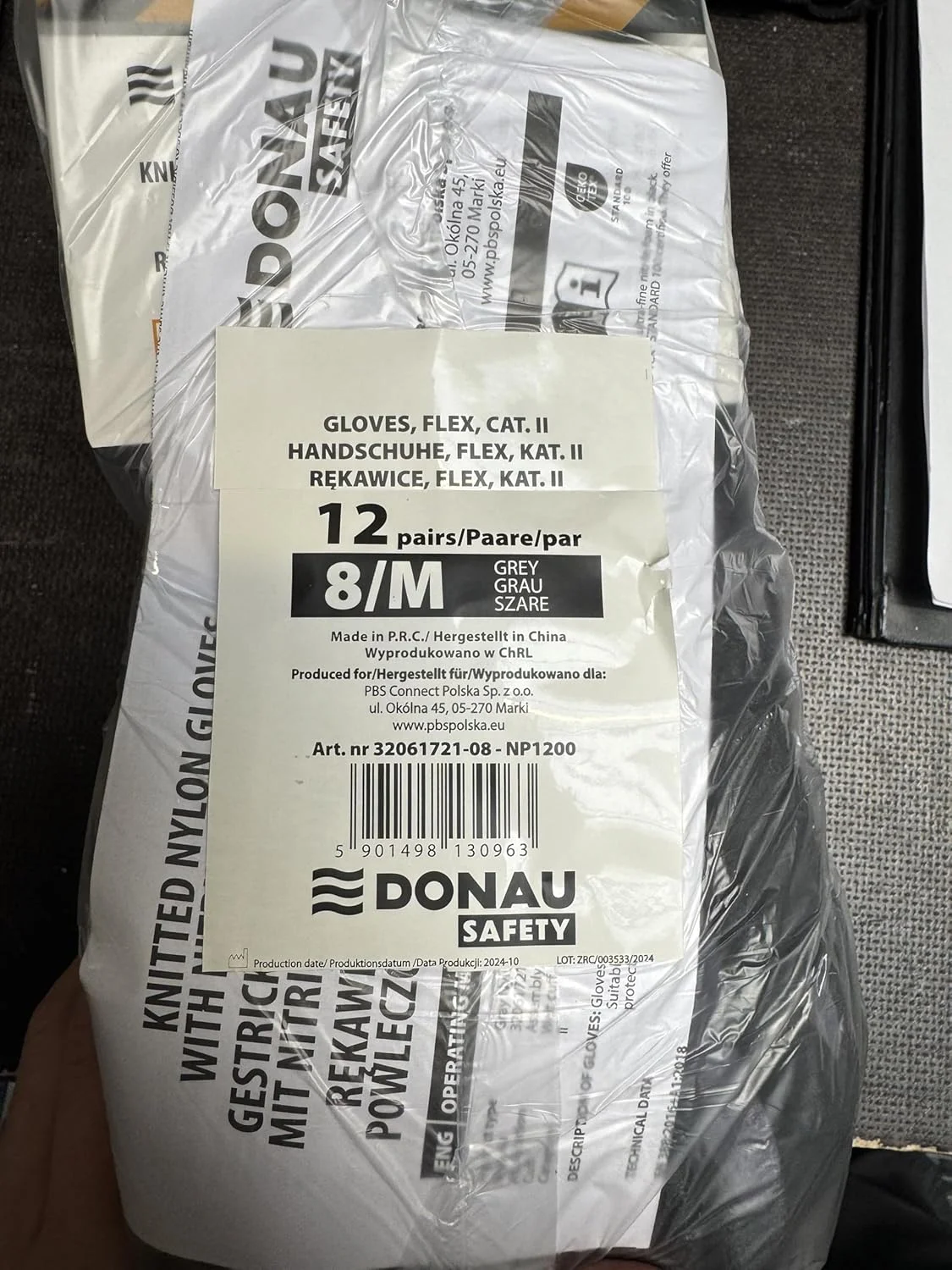 دستکش کار ایمنی DONAU مدل Flex، سایز 08، 12 جفت، خاکستری/مشکی، دستکش مونتاژ مکانیکی، روکش نیتریل، مقاوم در برابر روغن سبک، دستکش محافظ نایلونی برای کار، خودرو، انبار