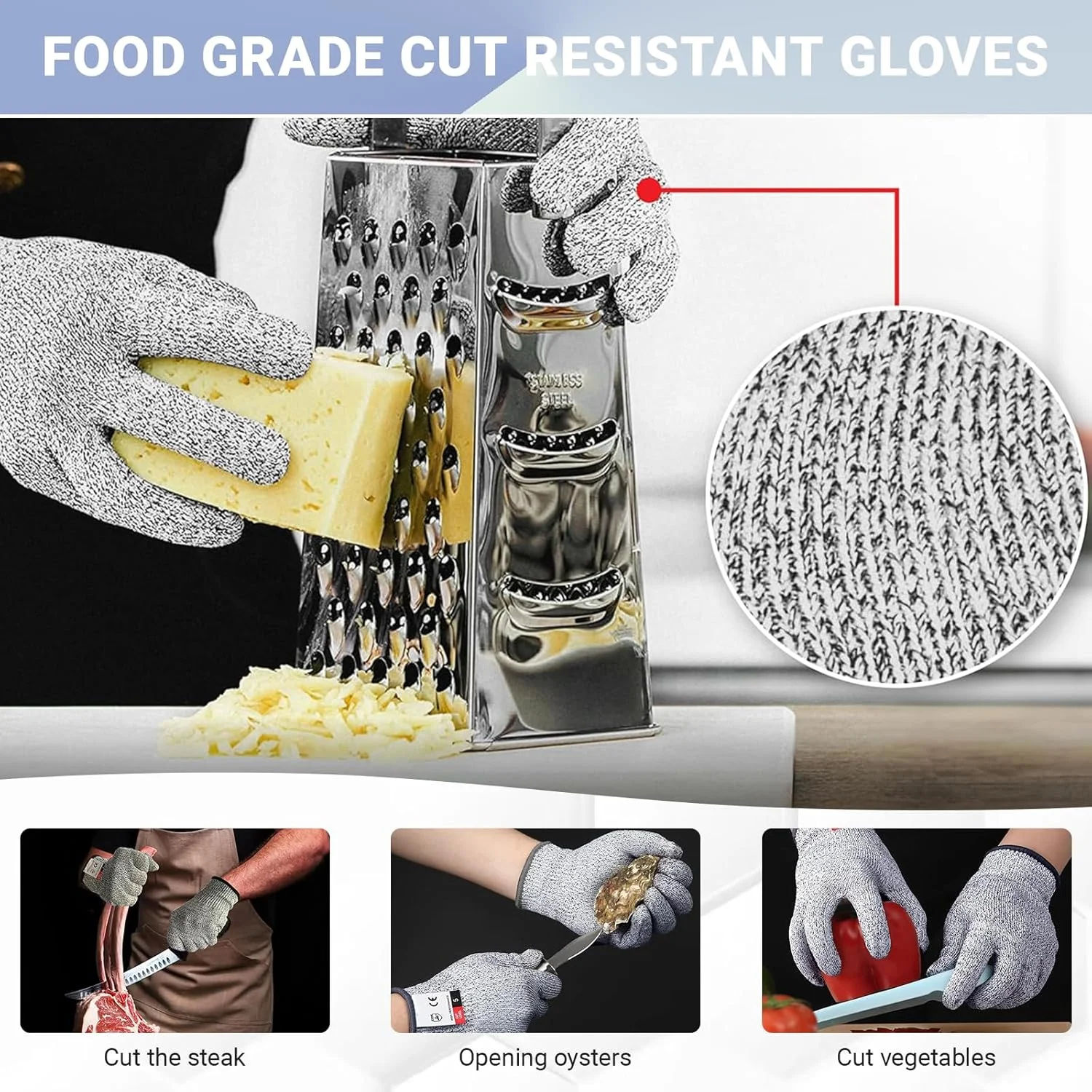دستکش های ضد برش JOWILIN، 3 جفت، سطح 5 محافظت، دستکش های مناسب مواد غذایی، راحتی و مهارت، دستکش های کار بادوام و ایمن برای برش با ماندولین، برش گوشت، کنده کاری چوب، باغبانی، آشپزی