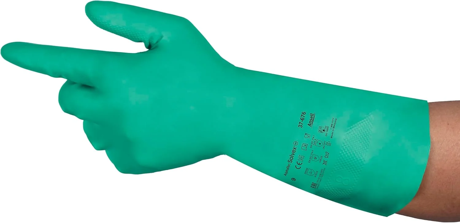 دستکش های نیتریل مقاوم در برابر مواد شیمیایی Ansell AlphaTec، محافظت در برابر مایعات و پاشش، مناسب برای کار با مواد غذایی، دستکش کار بدون سیلیکون و لاتکس، ضد آب، قابل استفاده مجدد