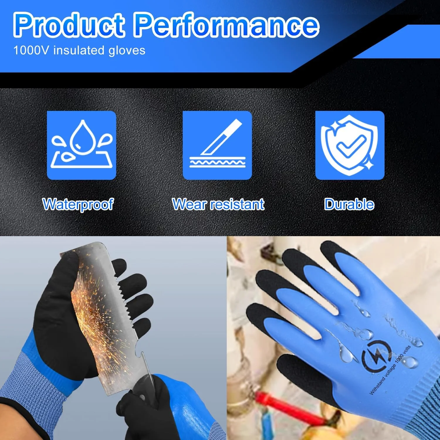 دستکش های عایق الکتریکی ایمنی TecoKart® - دستکش های لاستیکی عایق ضد شوک الکتریکی 1000 ولت، دستکش های لاستیکی عایق برای کار برق، ایده آل برای پردازش فلزات و کار الکترونیک