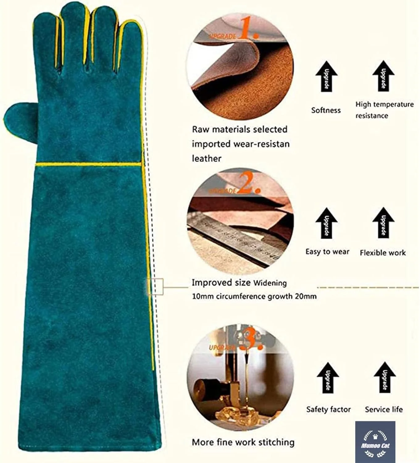 دستکش محافظ حیوانات خانگی مومو کت، دستکش ایمنی ضد گاز گرفتگی، دستکش محافظت و ضد خراش چرمی گاوی 35 سانتی متری سبز برای شاهین ها، مارها و سایر خزندگان (35 سانتی متر / 60 سانتی متر)