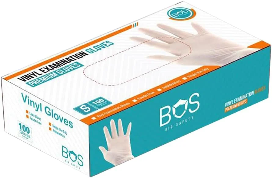 دستکش یکبار مصرف وینیل Bio Safety (BOS)، بدون پودر، غیر استریل، بدون لاتکس، 100 عددی، مناسب برای مواد غذایی