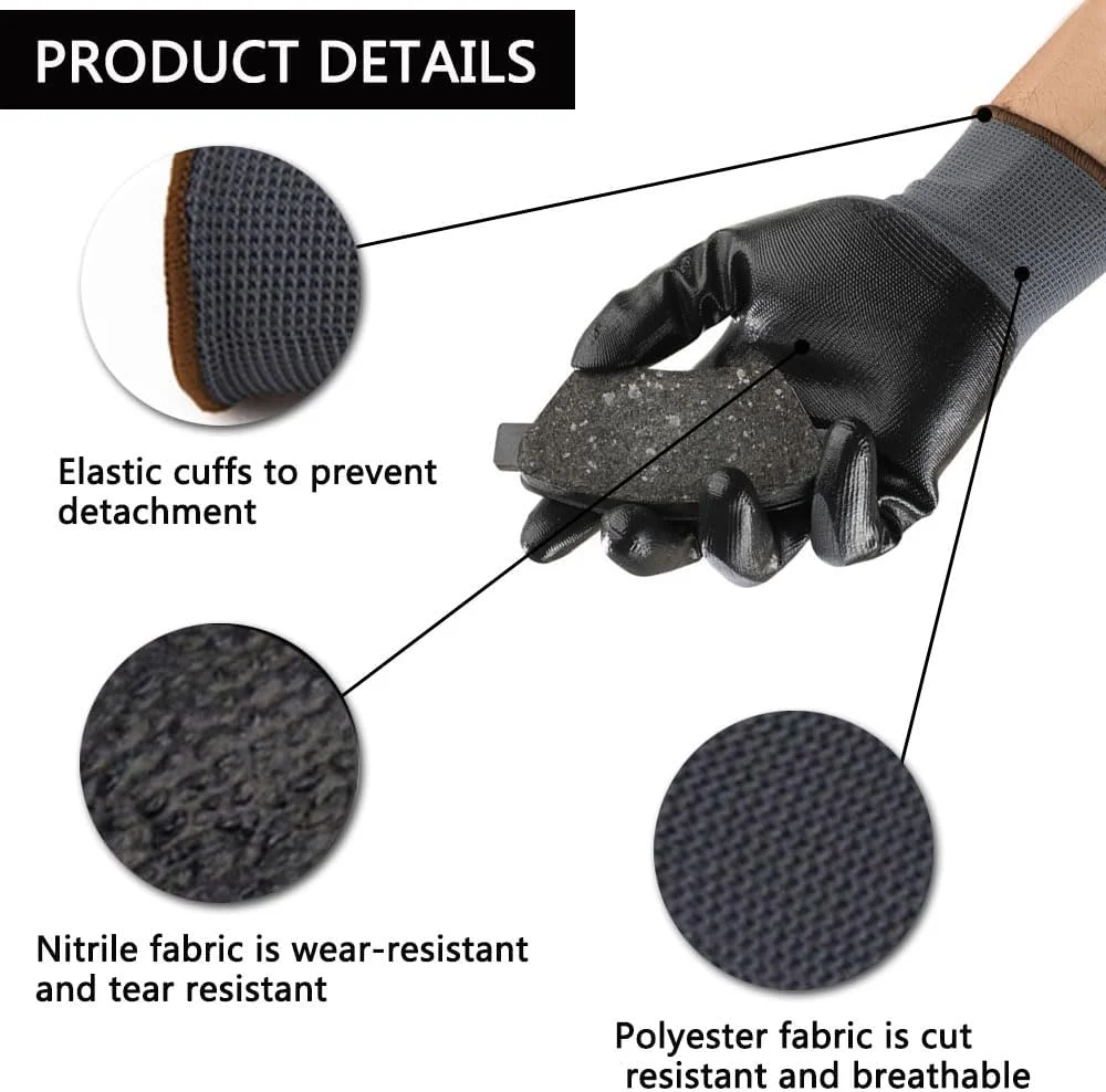 دستکش کار ایمنی ORiTi، 3 جفت، پوشش نیتریل میکروفوم 48-128، پلی استر بافتنی بدون درز، دستکش کار با چسبندگی برای مصارف عمومی، ساخت و ساز، باغبانی