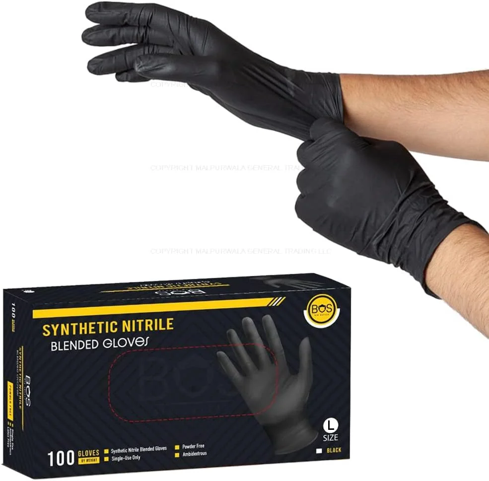 دستکش های ترکیبی نیتریل مصنوعی Bio Safety (BOS)، بسته 100 عددی - کیفیت عالی، بدون پودر، دو طرفه، غیر استریل، یکبار مصرف، مناسب برای مواد غذایی، رنگ مشکی