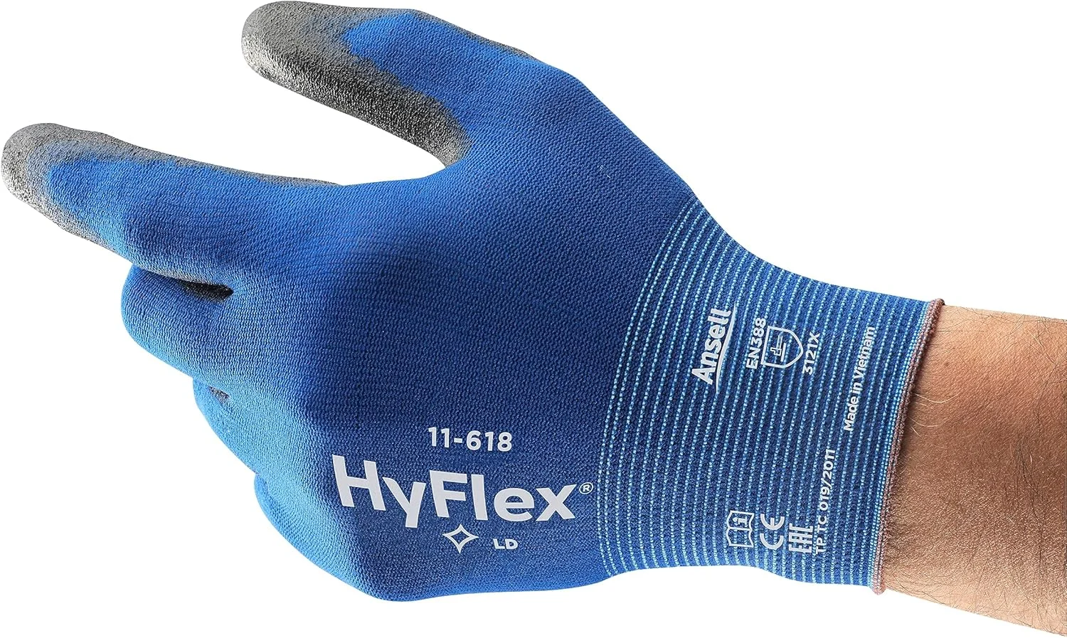 دستکش کار نازک Ansell HyFlex 11-618، آستر نایلونی کشسان با پوشش PU مقاوم در برابر سایش، دستکش ایمنی صنعتی برای کار با دقت، کارهای DIY و مکانیکی، آبی، سایز S (یک جفت)
