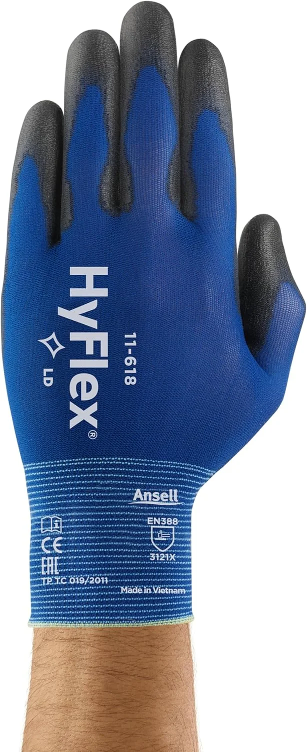 دستکش کار نازک Ansell HyFlex 11-618، آستر نایلونی کشسان با پوشش PU مقاوم در برابر سایش، دستکش ایمنی صنعتی برای کار با دقت، کارهای DIY و مکانیکی، آبی، سایز S (یک جفت)
