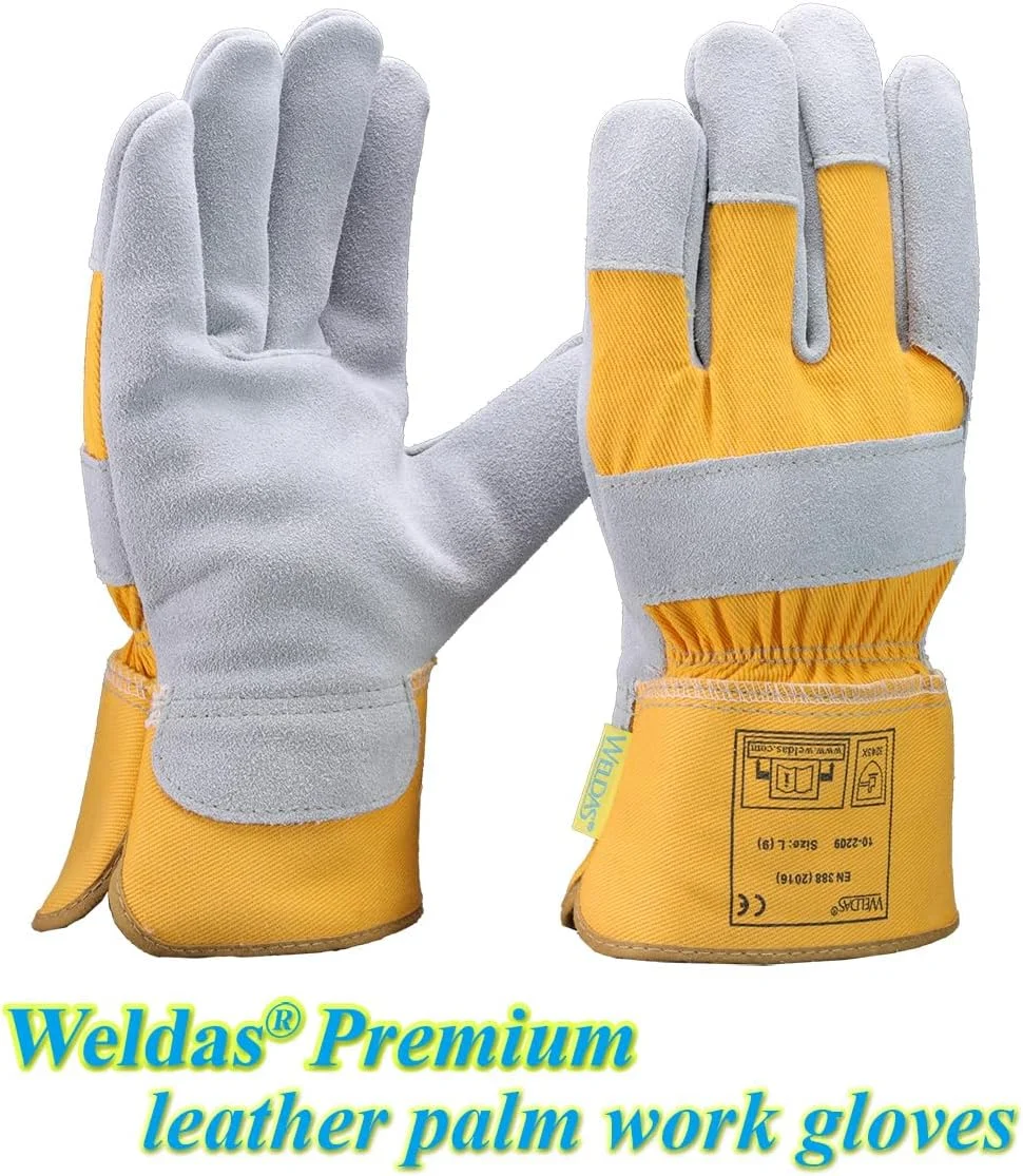دستکش کار چرمی Weldas®، کف دست چرم ممتاز، انگشت شست بالدار و برش گان، ساق ایمنی لاستیکی سنگین به طول 7.5 سانتی متر، زرد، 10-2209