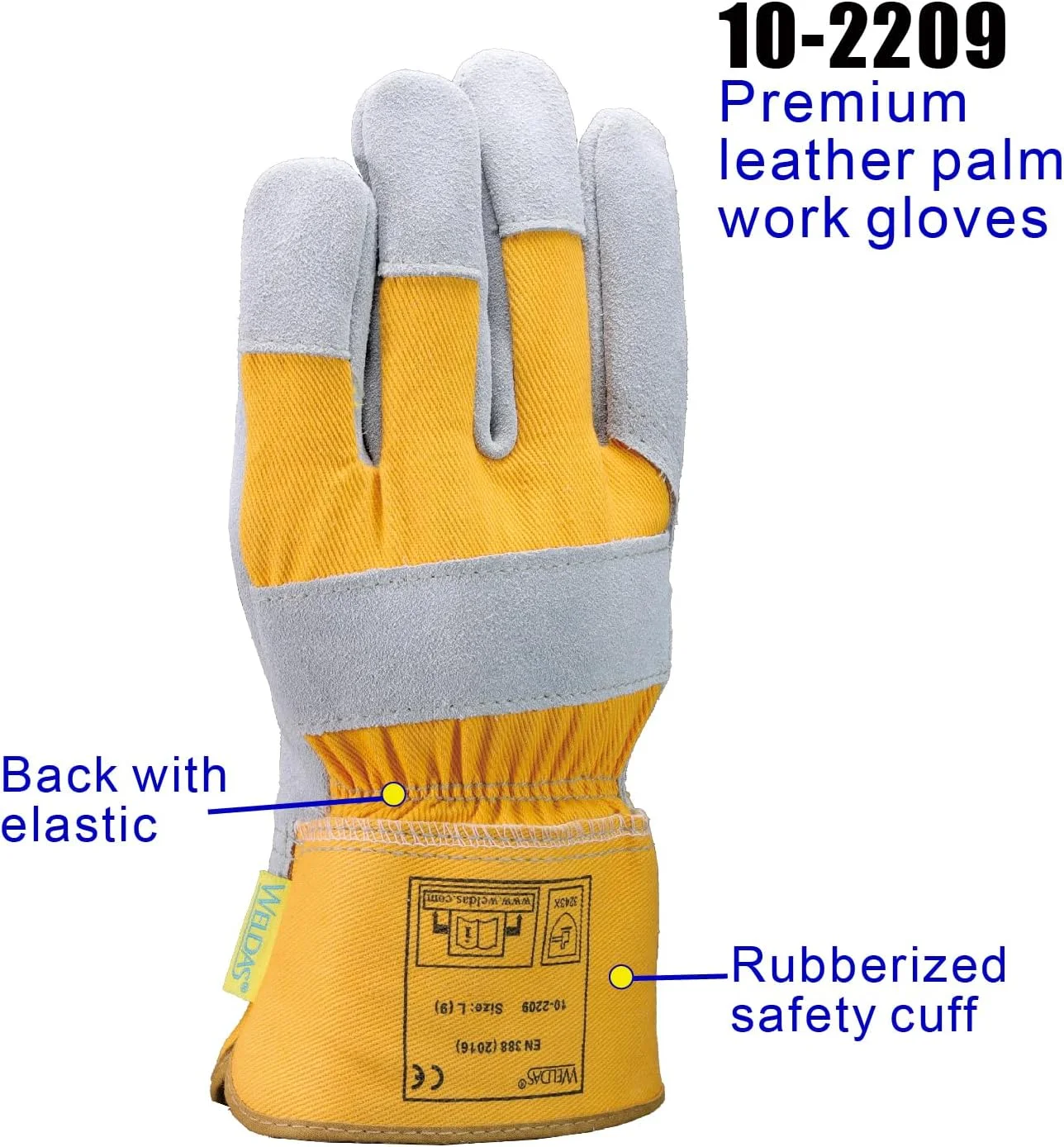 دستکش کار چرمی Weldas®، کف دست چرم ممتاز، انگشت شست بالدار و برش گان، ساق ایمنی لاستیکی سنگین به طول 7.5 سانتی متر، زرد، 10-2209