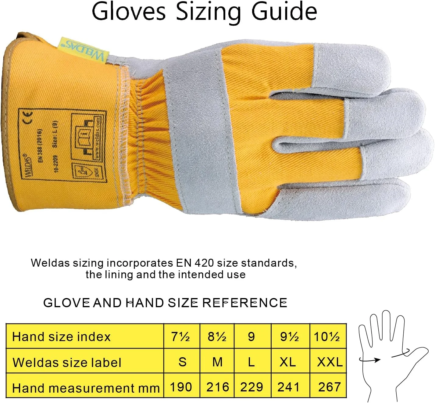 دستکش کار چرمی Weldas®، کف دست چرم ممتاز، انگشت شست بالدار و برش گان، ساق ایمنی لاستیکی سنگین به طول 7.5 سانتی متر، زرد، 10-2209