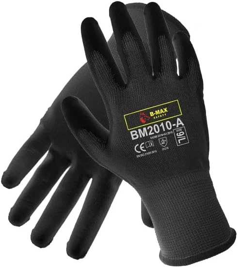 دستکش های مکانیکی ایمنی B-MAX مدل BM2010-A با پوشش پلی استر + PU، دارای گواهینامه CE و استاندارد EN388:2016+A1:2018