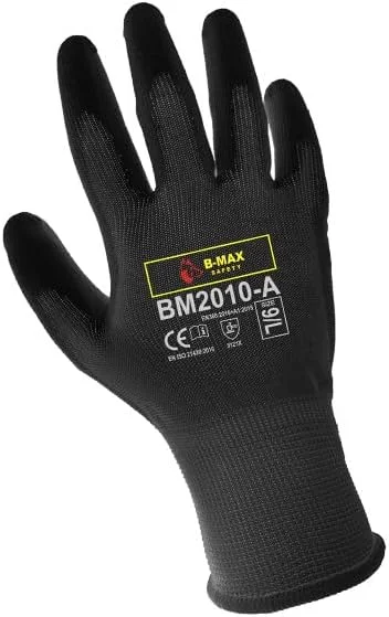 دستکش های مکانیکی ایمنی B-MAX مدل BM2010-A با پوشش پلی استر + PU، دارای گواهینامه CE و استاندارد EN388:2016+A1:2018