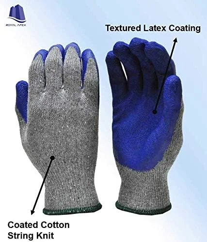 دستکش کار دو روکش لاتکس لاستیکی Royal Apex با قابلیت چسبندگی برای ساخت و ساز، باغبانی، دستکش های سنگین کار مخلوط پنبه ای آبی رنگ سایز Uni (یک جفت)