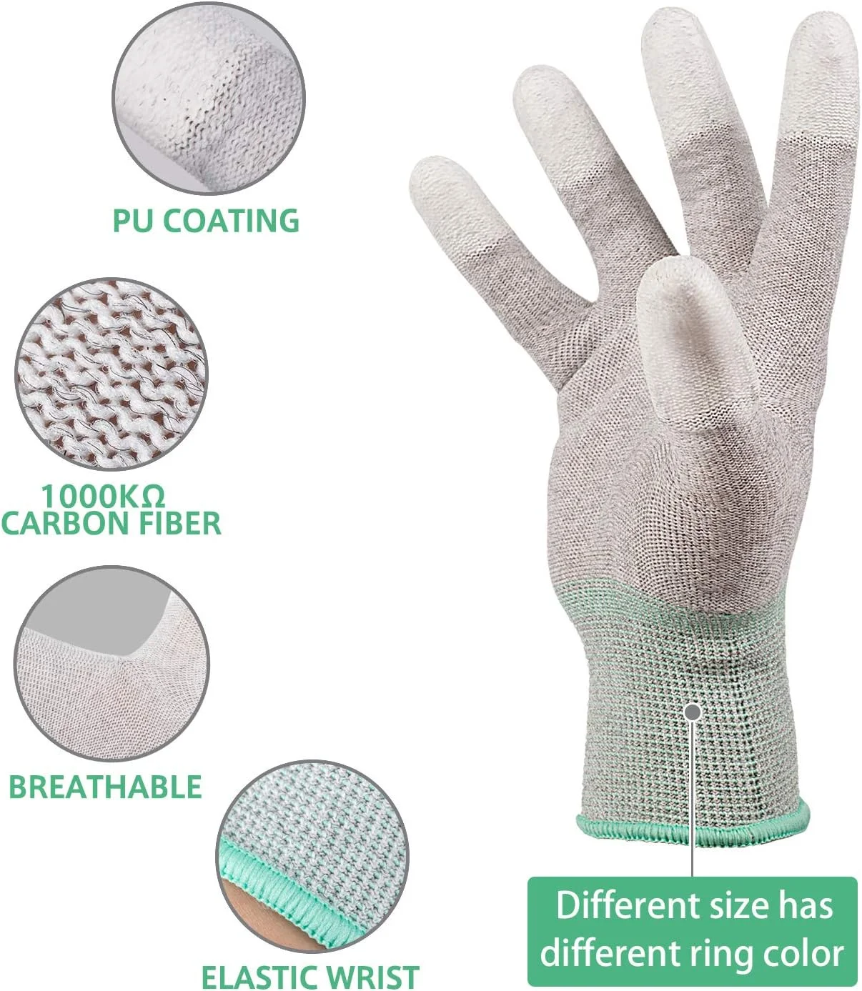 دستکش های آنتی استاتیک، دستکش های ESD، دستکش ایمنی ESD با روکش PU از الیاف کربن