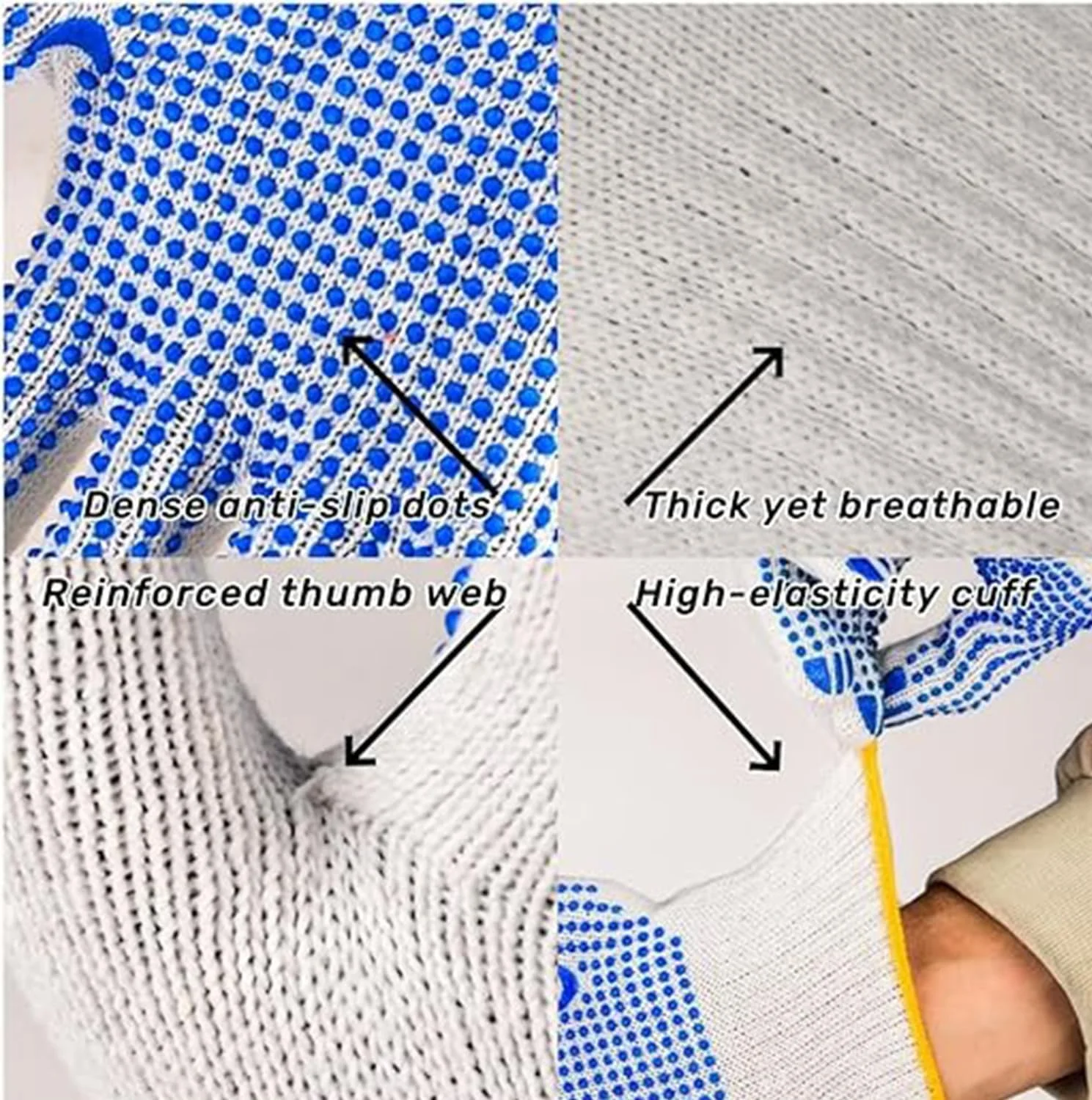 دستکش کار ایمنی با چسبندگی بالا، دستکش های ضد لغزش با نقاط برجسته، دستکش بافتنی پنبه ای مرطوب برای گاراژ، انبار و ساخت و ساز