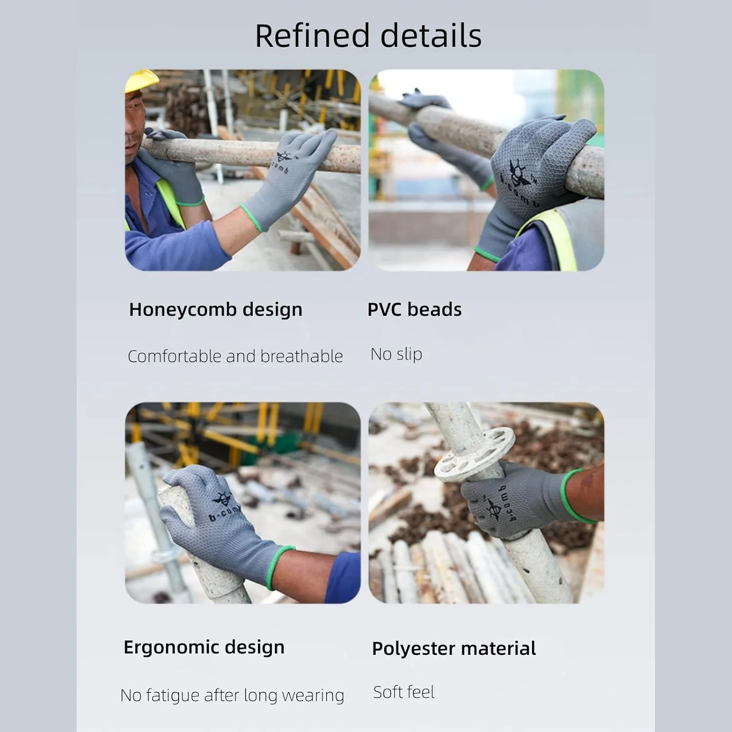 دستکش کار ایمنی POSICHE، دستکش های ایمنی چند منظوره مقاوم در برابر برش، دستکش های PVC دانه دار ضد لغزش، دستکش های لاستیکی دانه دار ضخیم شده مقاوم در برابر سایش و تنفس مناسب برای کار در سایت ساخت و ساز، 2 جفت