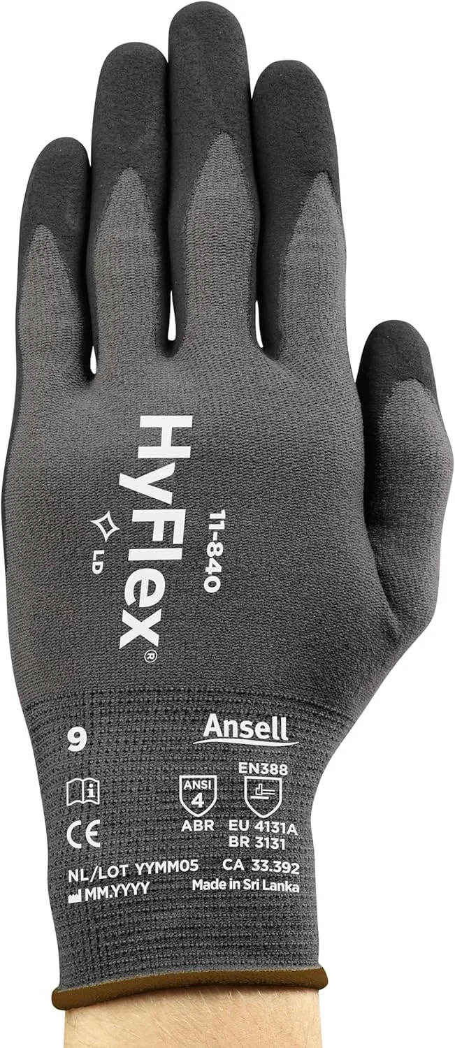 دستکش کار حرفه ای Ansell HyFlex 11-840، پوشش نیتریل مقاوم در برابر سایش با چسبندگی محکم، دستکش های محافظ چند منظوره، ایمنی مکانیکی و صنعتی، مشکی، سایز M (5 جفت)