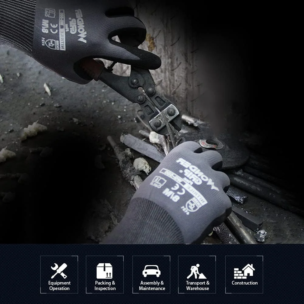 دستکش کار آغشته به نیتریل Azonee، یک جفت، دستکش ایمنی کار، مقاوم در برابر سایش، ضد لغزش، دستکش تنفسی، برای ماهیگیری، برش، باغبانی، نگهداری انبار برای مردان و زنان (خاکستری مشکی XL)