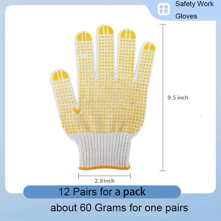 دستکش کار ایمنی YEVTAHT، 12 جفت، با نقاط ضد لغزش - دستکش بافتنی نخی مرطوب عمده برای گاراژ، انبار، ساخت و ساز (زرد)