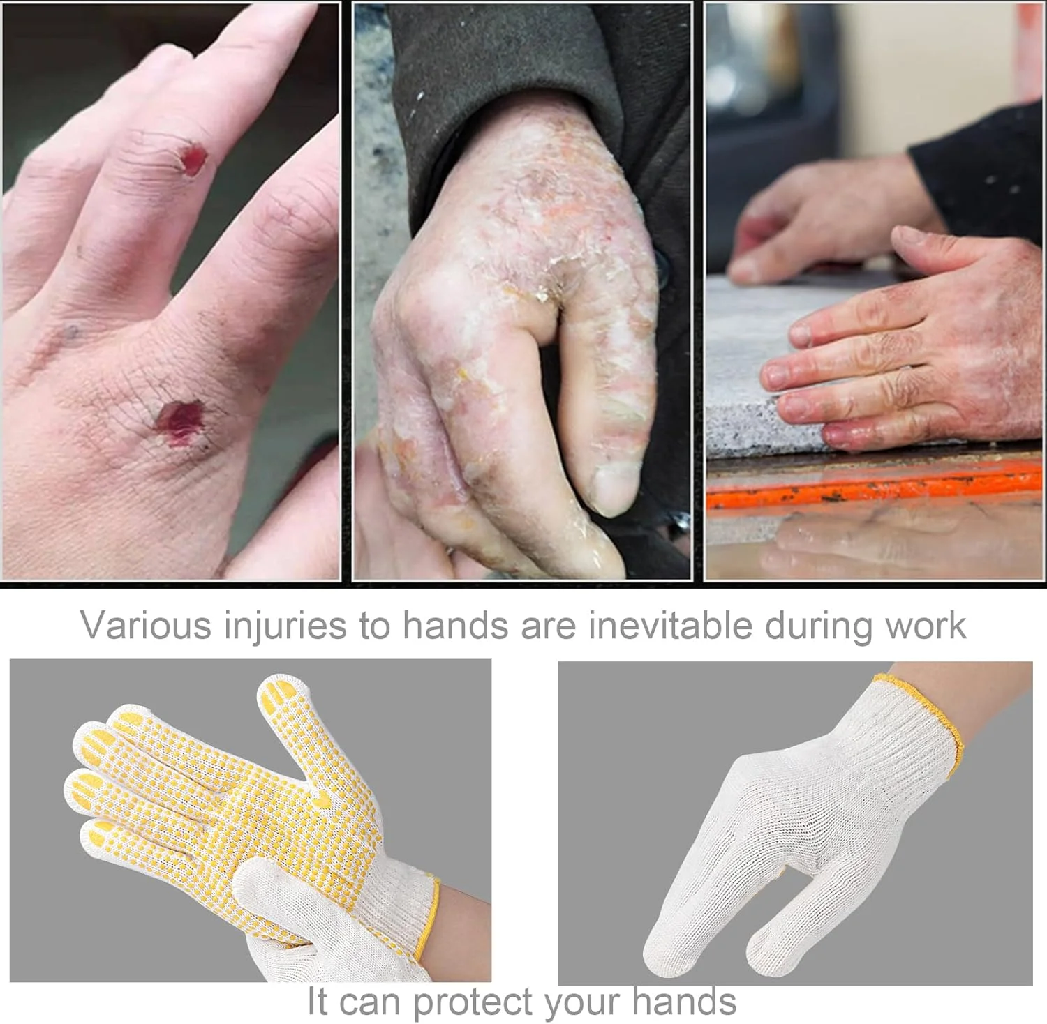 دستکش کار ایمنی YEVTAHT، 12 جفت، با نقاط ضد لغزش - دستکش بافتنی نخی مرطوب عمده برای گاراژ، انبار، ساخت و ساز (زرد)